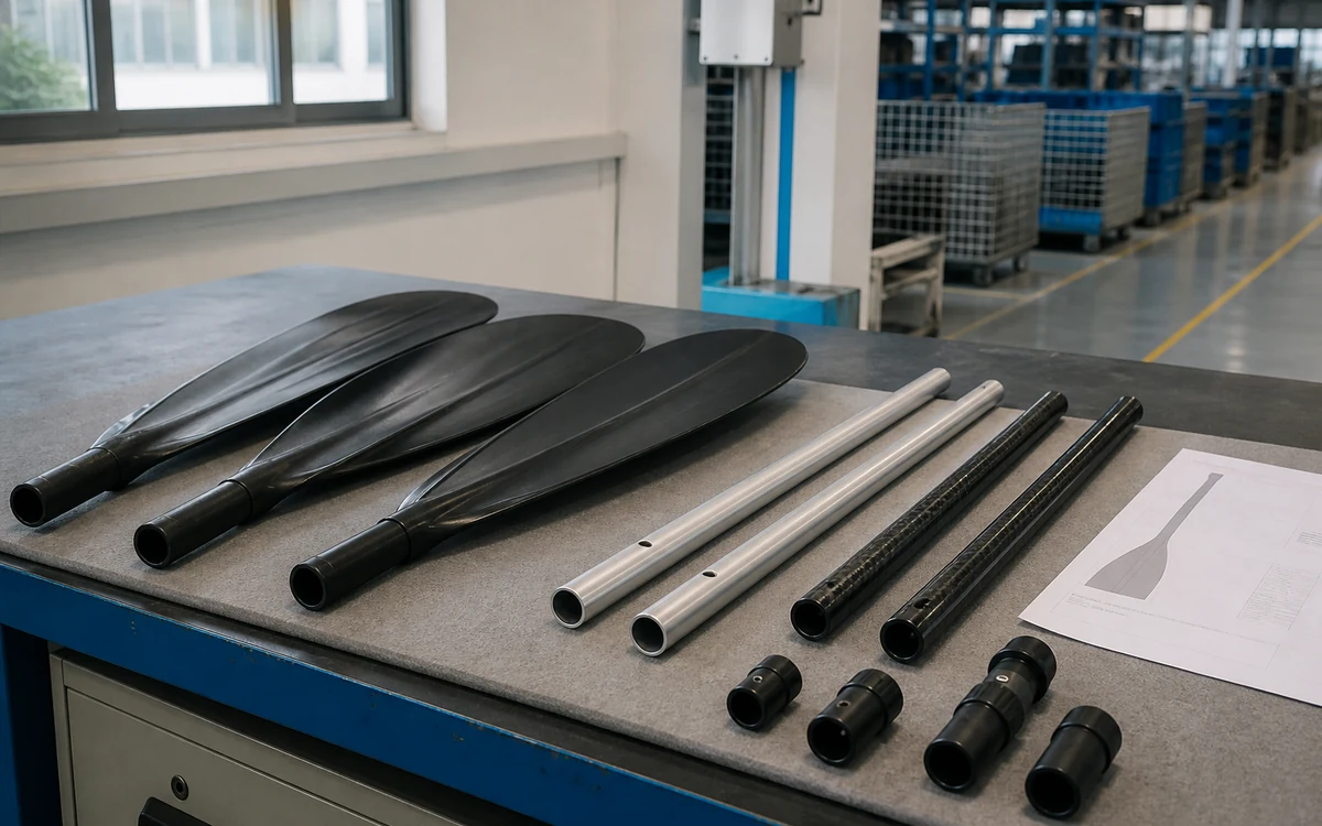 Paddle blades, shafts and connection pieces arranged for production review