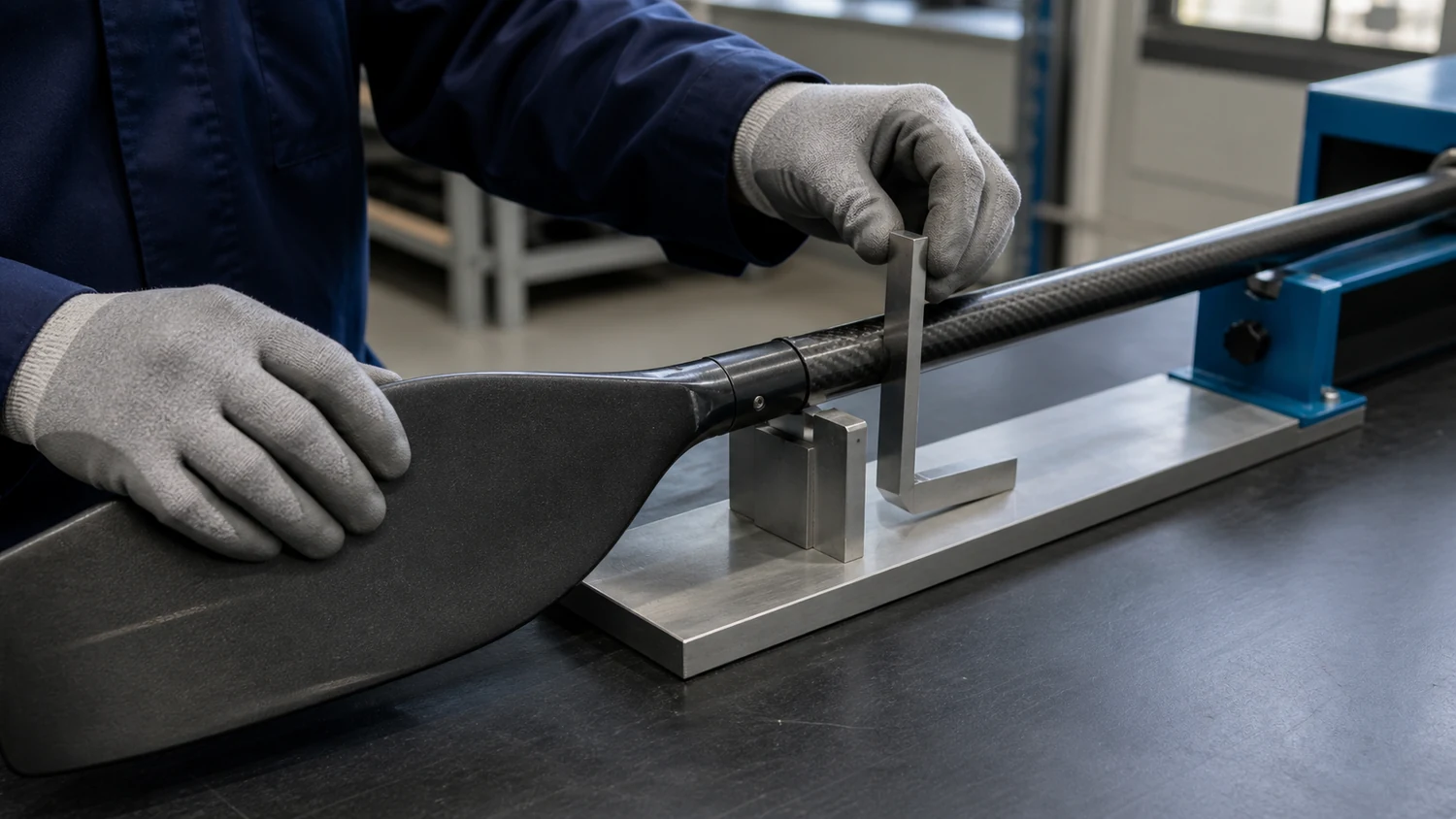 Illustrative production image of a technician checking paddle blade and shaft alignment in a clean fixture