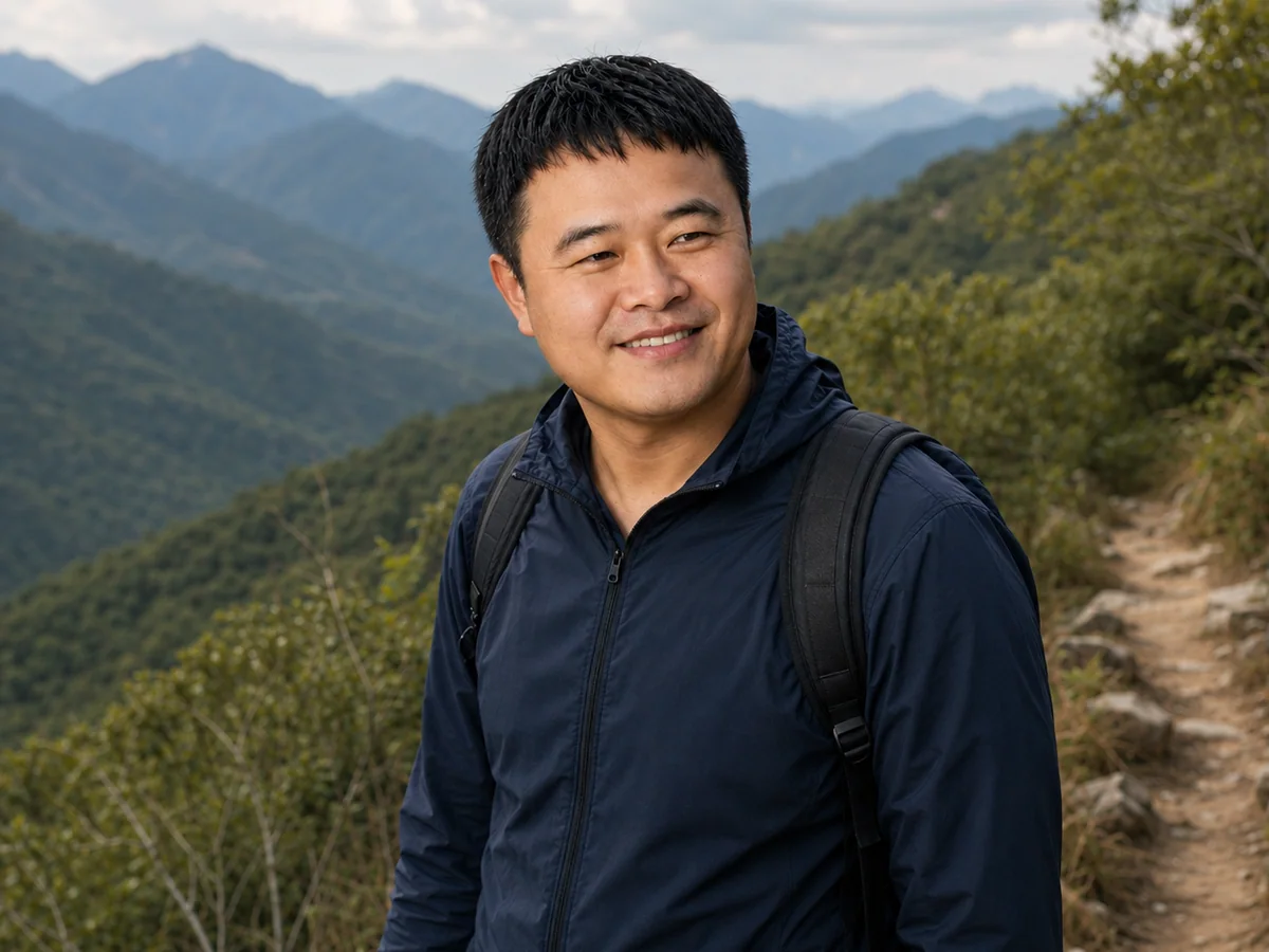 Outdoor author portrait of Aaron Deng on a mountain trail