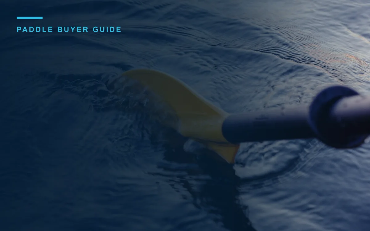 Kayak paddle blade entering the water in a branded paddle buyer guide image