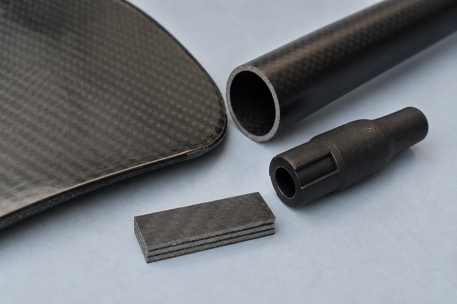 Illustrative close view of a carbon paddle blade edge, hollow shaft tube, connector and laminate samples