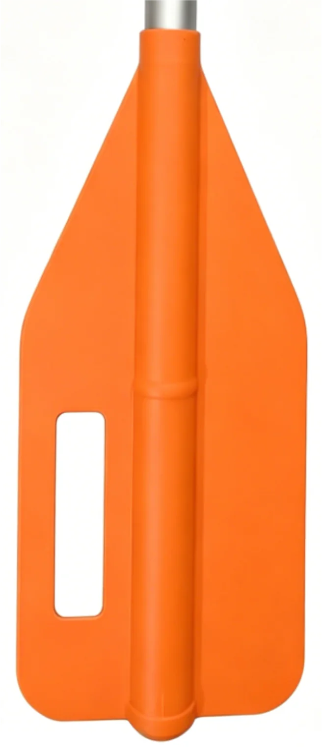 Close view of an orange canoe paddle blade