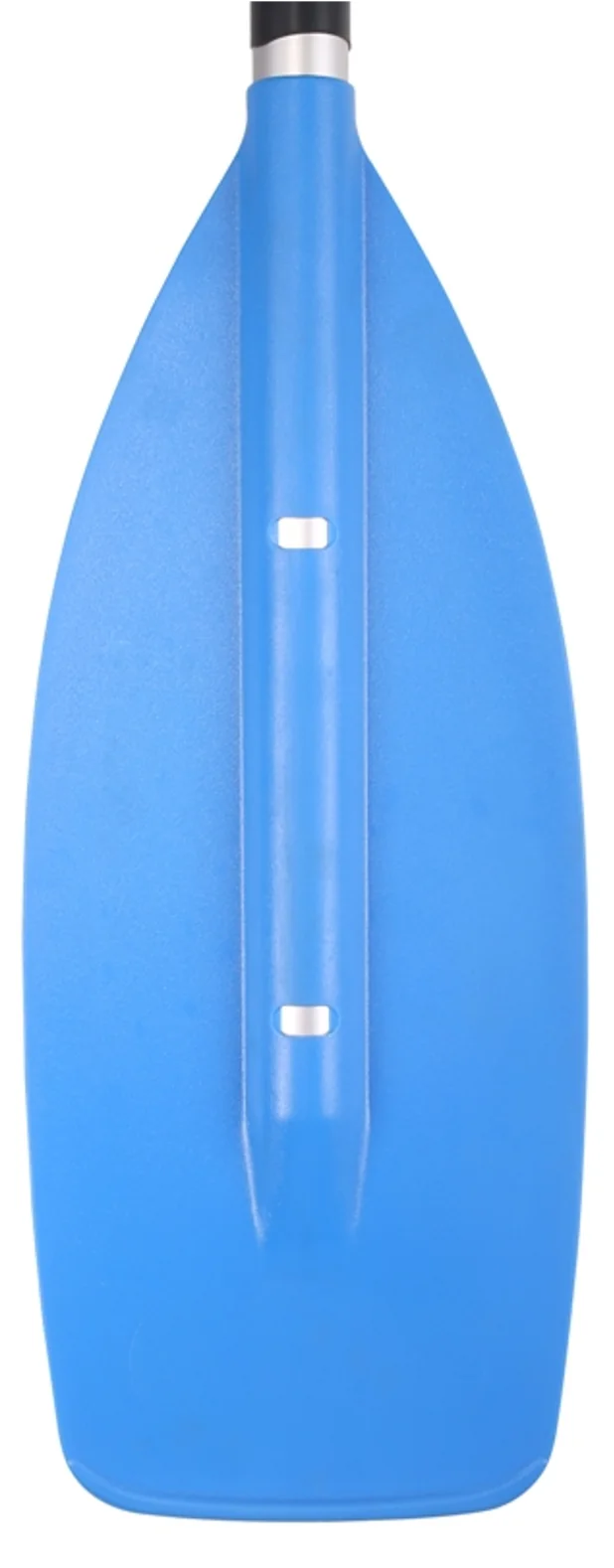 Blue molded canoe paddle blade with central spine and fasteners