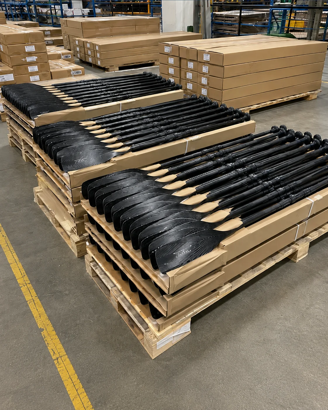 Finished canoe paddles arranged beside cartons for packing