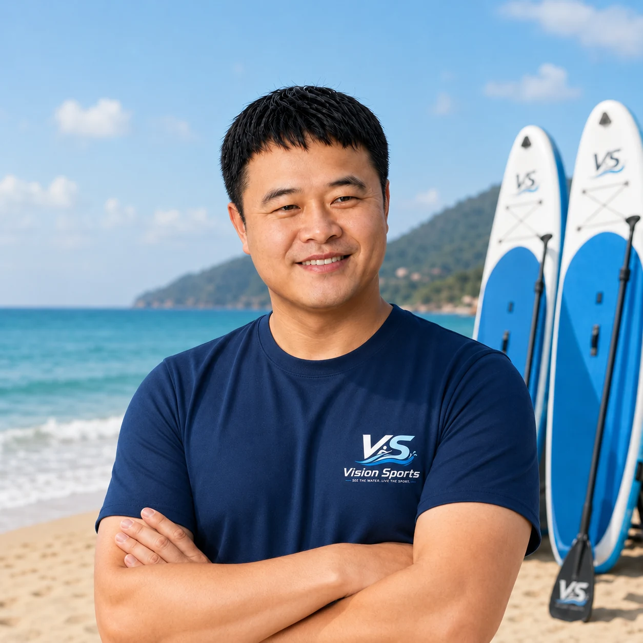 Aaron Deng, Director at Vision Sports, with SUP boards at the coast