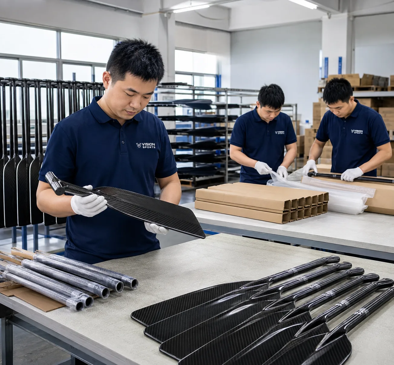 Vision Sports team inspecting and packing carbon dragon boat paddles