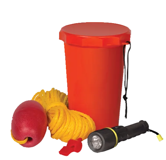 BK01 kayak safety kit with bailer, rope, float, whistle and flashlight