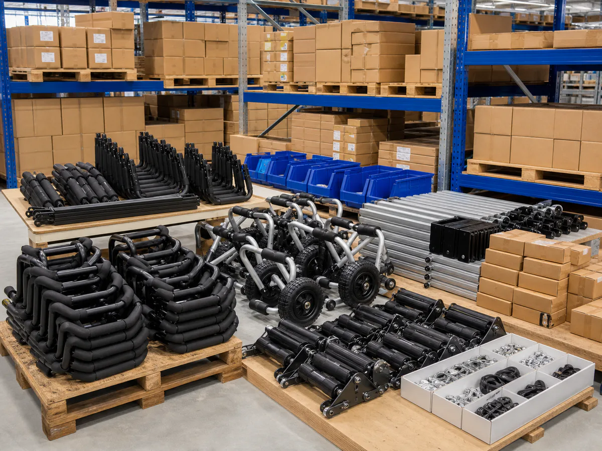 Kayak roof racks, carts, rollers and accessory cartons organized in warehouse storage