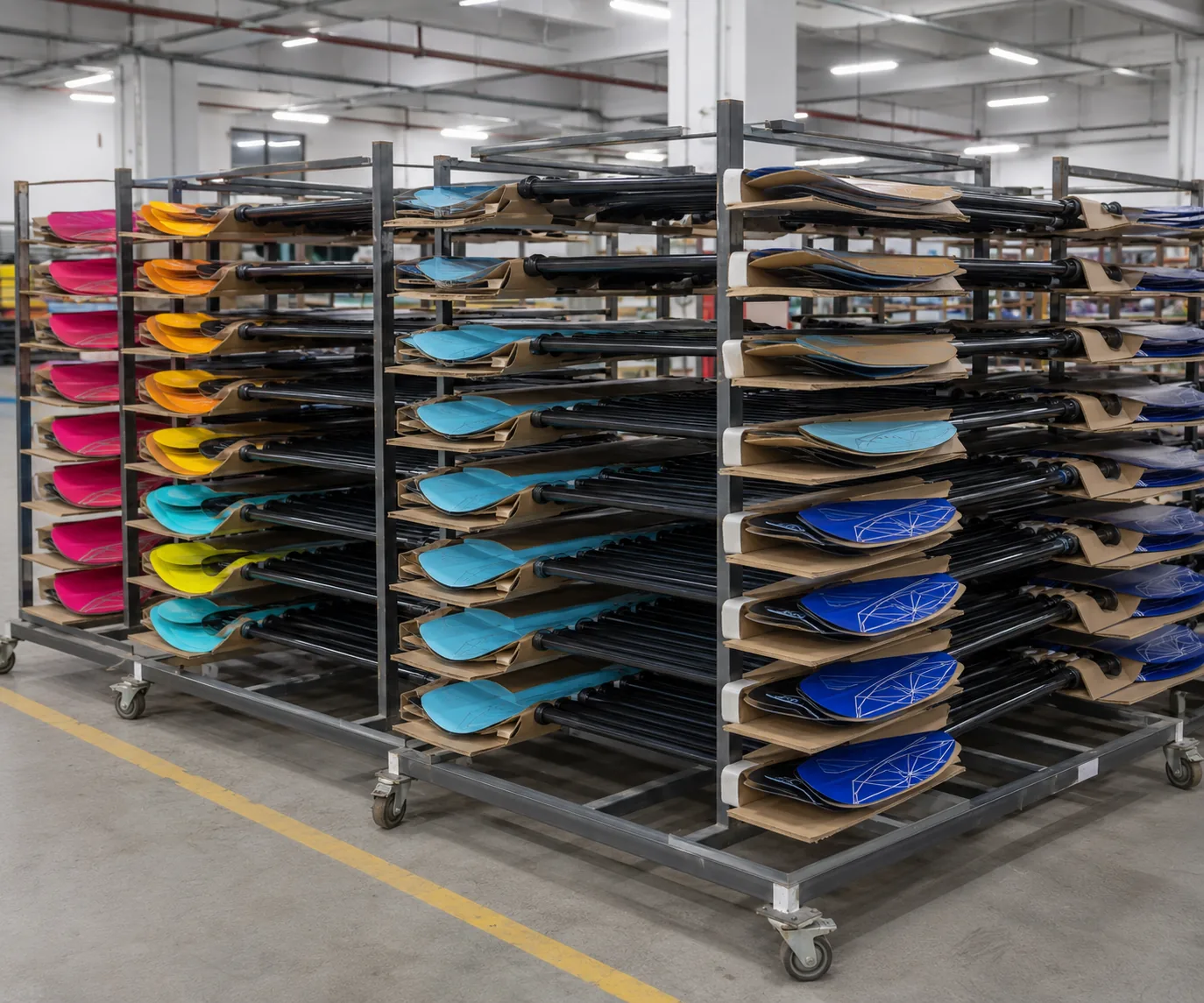 Colorful SUP and kayak paddles organized on production racks