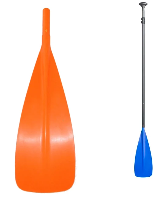 Kids paddle with enlarged orange blade and complete blue SUP paddle