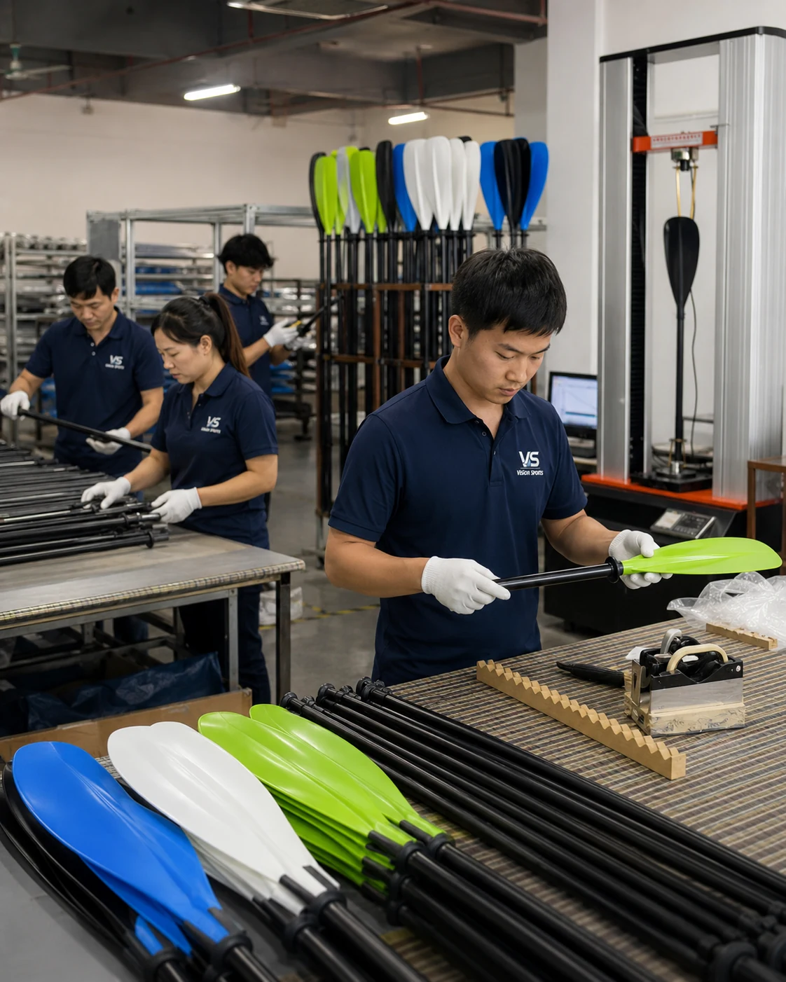 Vision Sports team assembling and inspecting kayak paddles in Huizhou