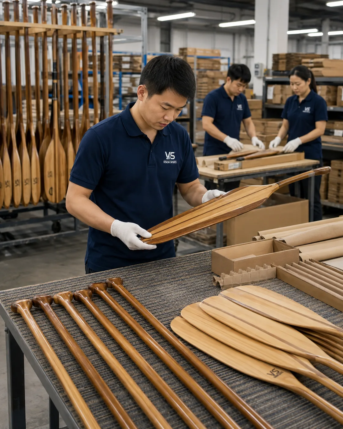 Vision Sports team reviewing and packing wooden canoe paddles in Huizhou