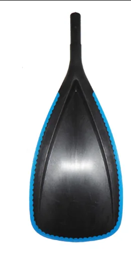 Black reinforced SUP paddle blade with blue rubber edge detail