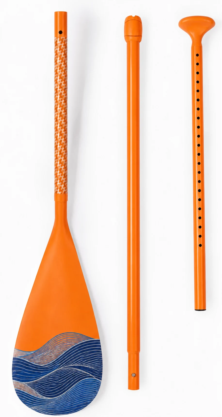 Orange adjustable SUP paddle with navy wave graphics, shaft and handle sections